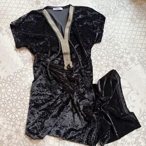 Laurie & Joe Black Crushed Velvet Gold Embroidered Kaftan Maxi Dress Fringe Boho